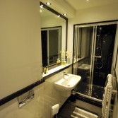 Long and narrow bathroom with wall panels and large black marble shower
