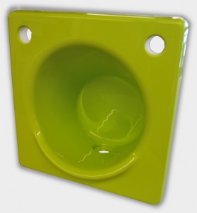 Lime green hand wash basin with 2 tap holes.
