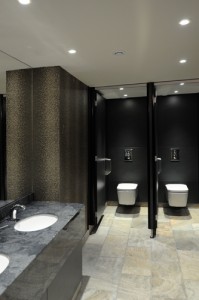 High end washroom area in grey tones, with marble grey vanity top and white basins.