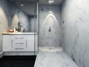Designer look bathroom in white marble - marble panels, marble shower tray and marble vanity top.