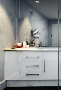 White bathroom cabinet with white marble vanity top