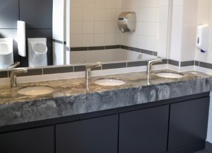 Grey stone granite style washroom vanity top with white basins