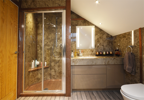 Luxury bathroom installation using Versital shower panels, shower tray and vanity top