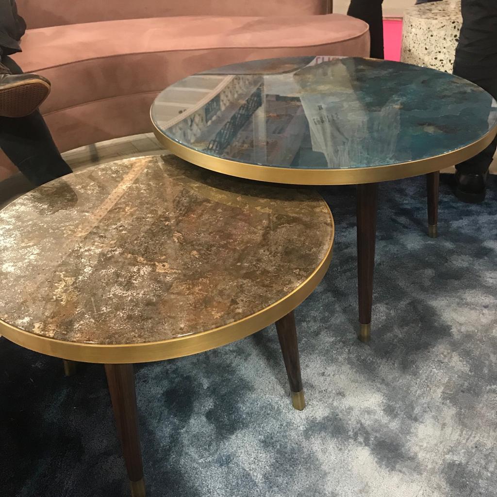 Marble table with metal banding 