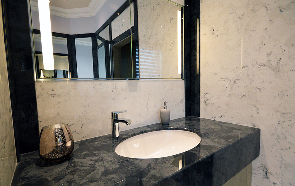 Wall Panels in Arabesque Marble Finish and Vanity Top and Decorative Panels in Glouchester Marble Finish (1)