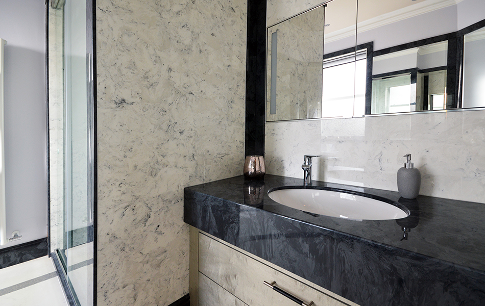 Wall Panels in Arabesque Marble Finish and Vanity Top and Decorative Panels in Glouchester Marble Finish (2)