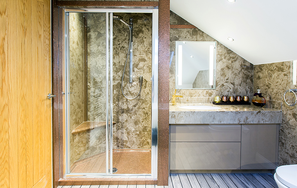 Wall and Shower Panels in Coffee Cream Marble Finish and Shower Tray and Decorative Panels in Coco-Loco Reflect Finish