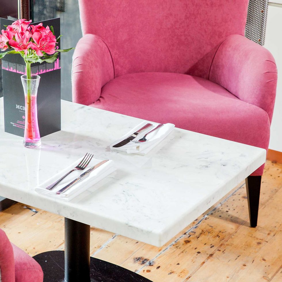 Restaurant Table top in Arabesque Carrara marble style finish