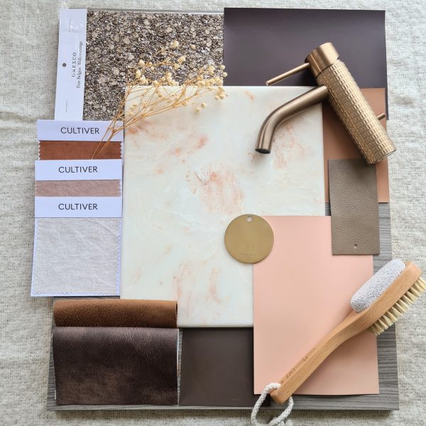 Moodboard using Autumn Onyx marble and a neutral warm brown colour scheme