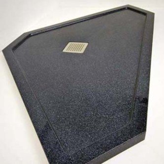 Bespoke shaped shower tray with square waste in black sparkle Noire Reflect