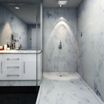 Walk in wetroom style marble bathroom in white Cararra style marble Arabesque from Versital