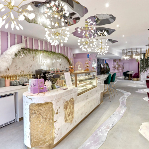 Trendy cafe and cake shop in central London with marble counter