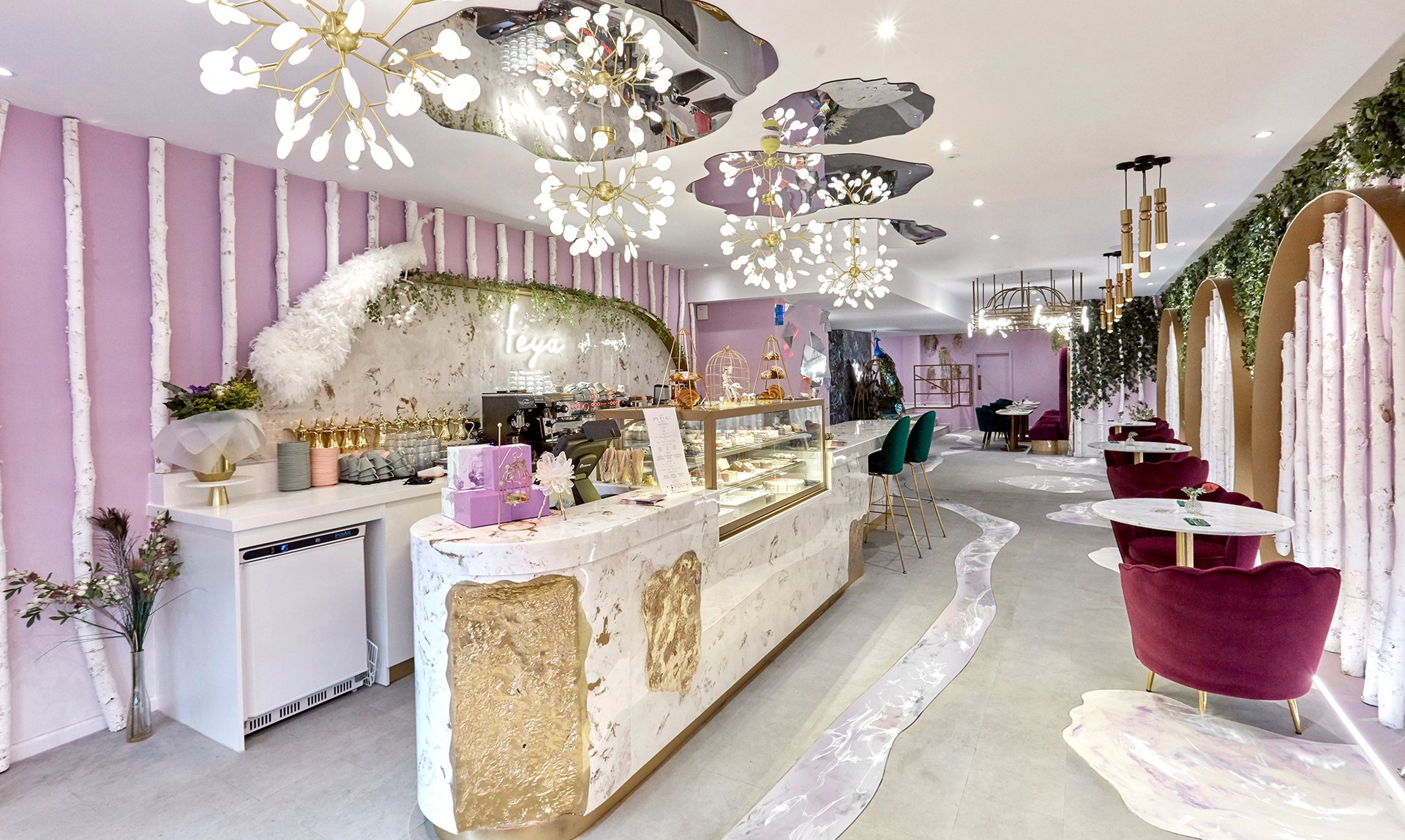 Trendy cafe and cake shop in central London with marble counter