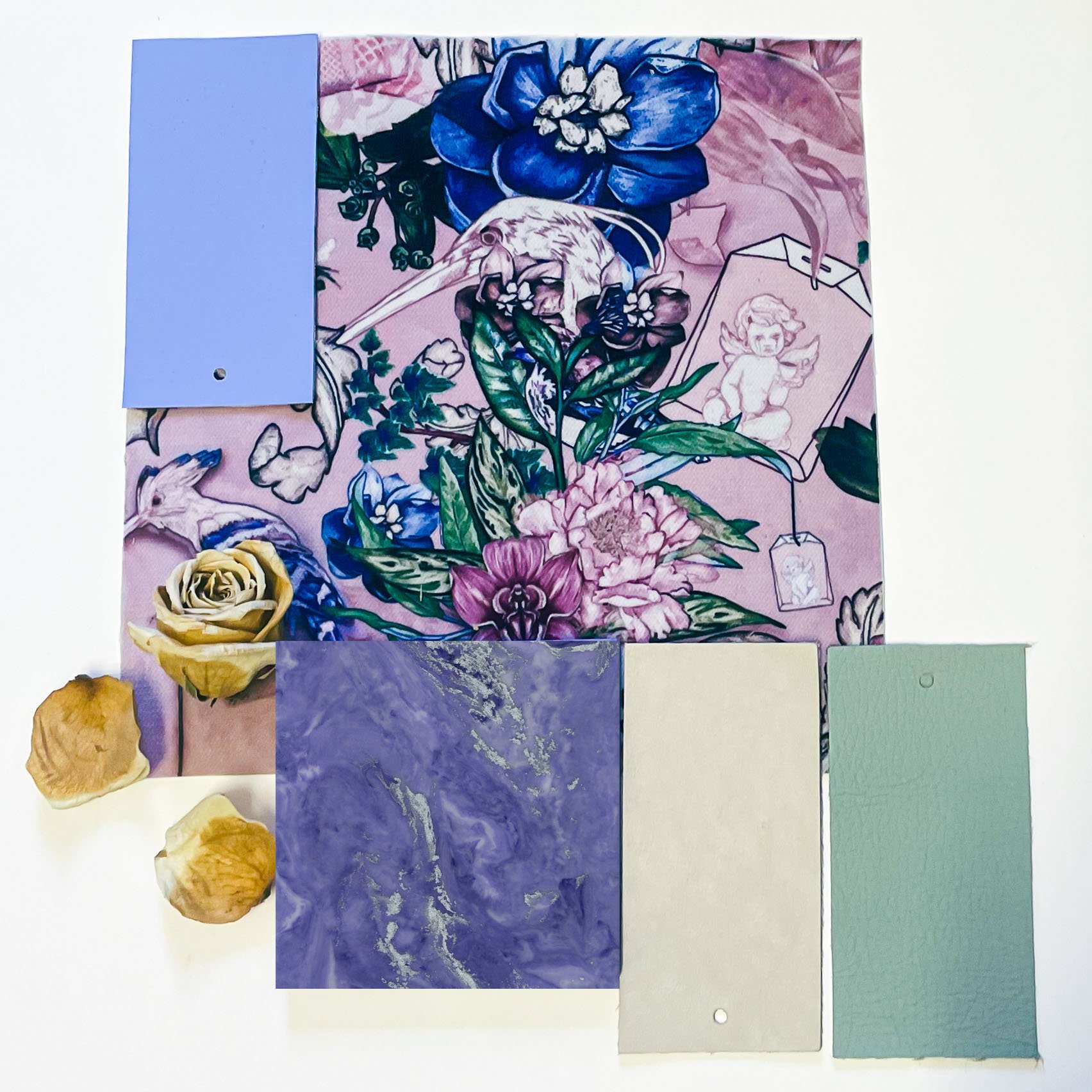 Pink and flowery moodboard with purple and silver marble and green leather