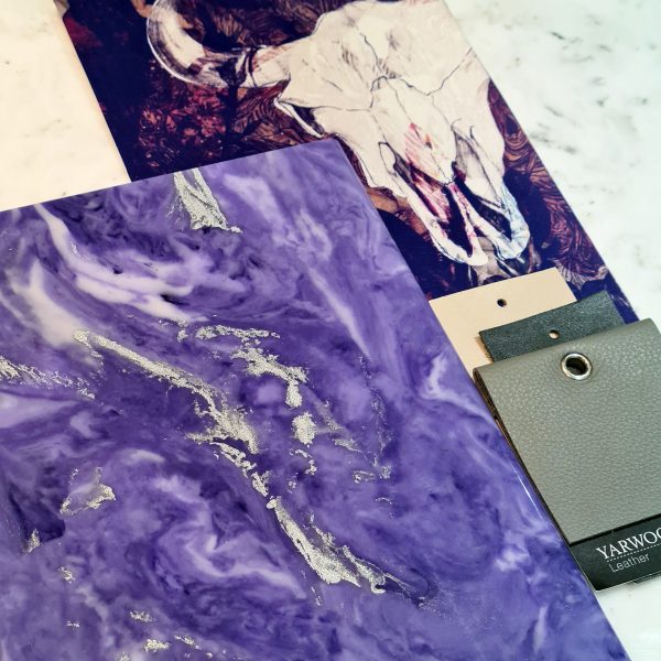 Rich purple marble with silver marble vein and grey leather