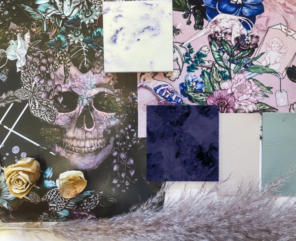 Moodboard with skull design fabric and dark purple marble