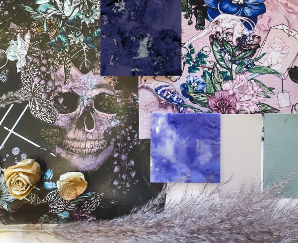 Moodboard with skull fabric and purple marbles