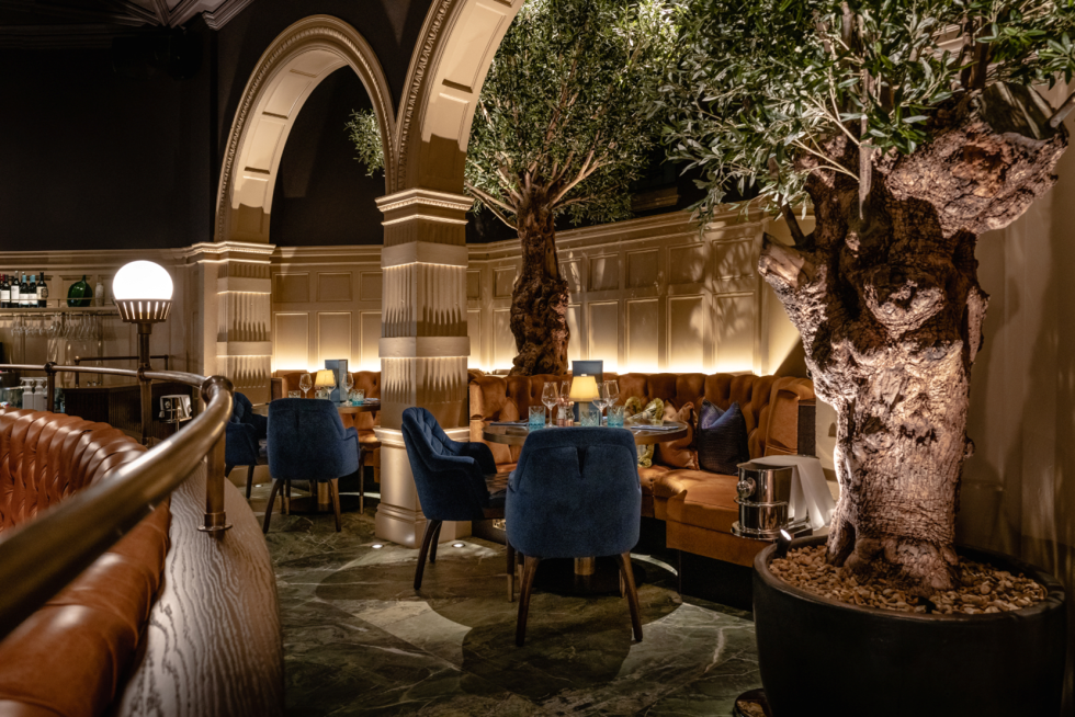 a dimly lit restaurant. has large trees surrounding and large arches in the ceiling. with pops of blue chairs.