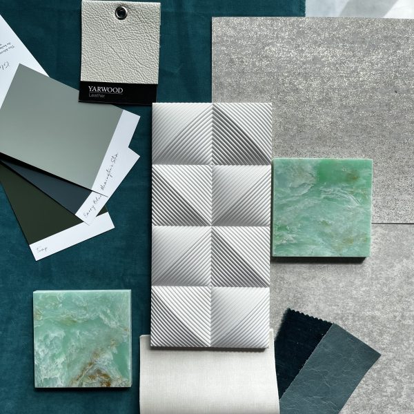 Moodboard for Emerald Ocean Marble Showcasing Various Design Concepts