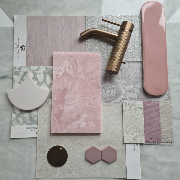 Pink and neutral bathroom colour scheme featuring Ethereal pink marble.