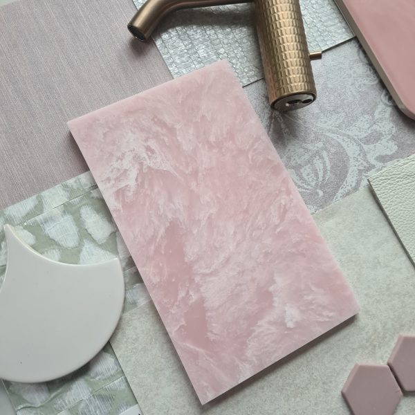 Pink and neutral bathroom colour scheme featuring Ethereal pink marble.