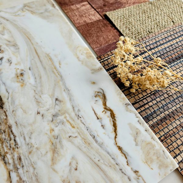 Tiger Eye cultured marble from Versital - paired with hand made wallpapers from Omexco